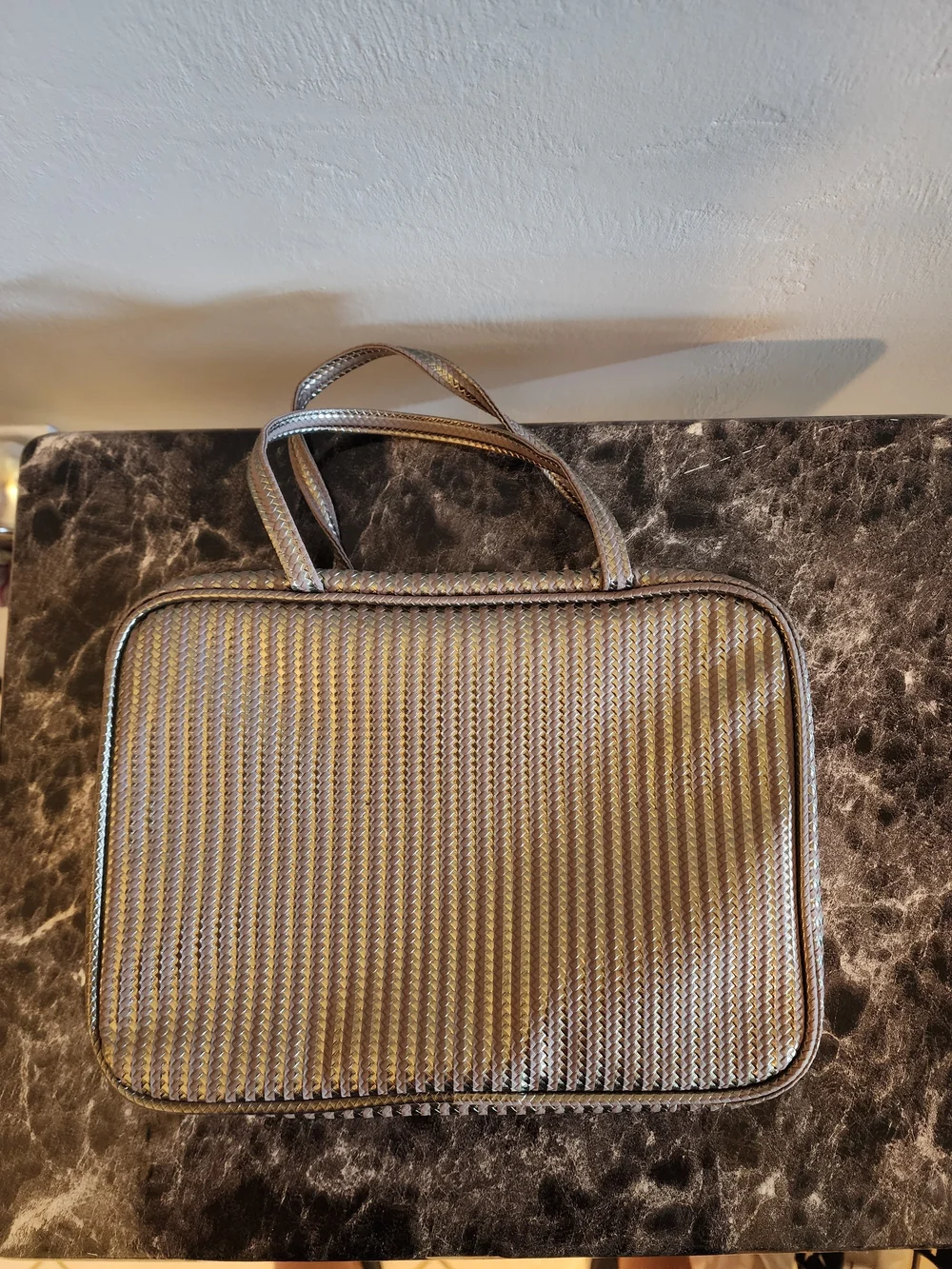 Vince Camuto Metallic Taupe Woven Toiletry Travel Tote